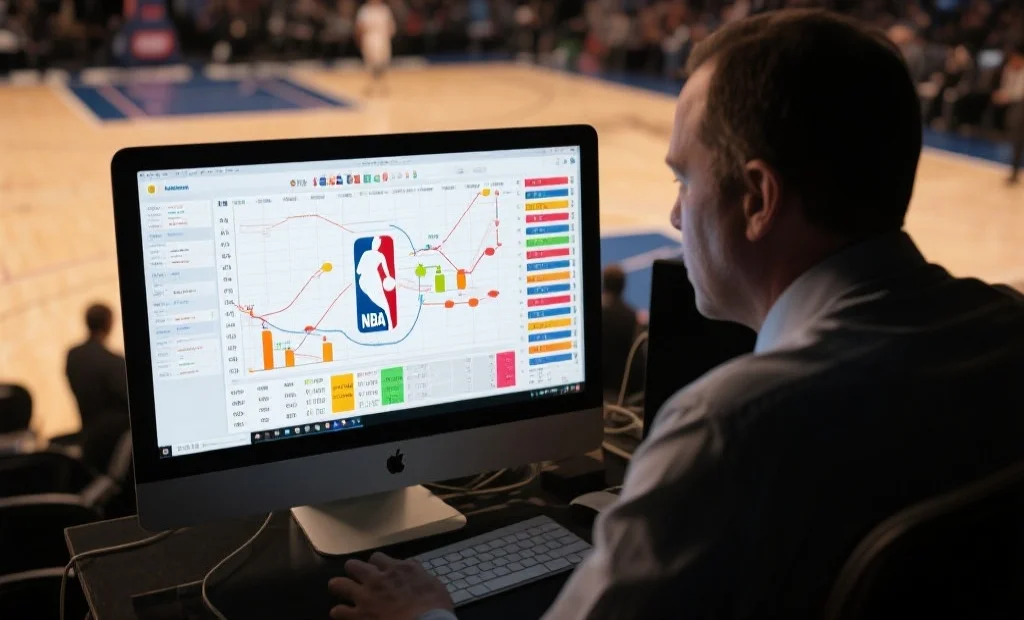 一位篮球专家坐在电脑前,屏幕上显示着复杂的NBA比赛数据统计图表,背景为篮球场景