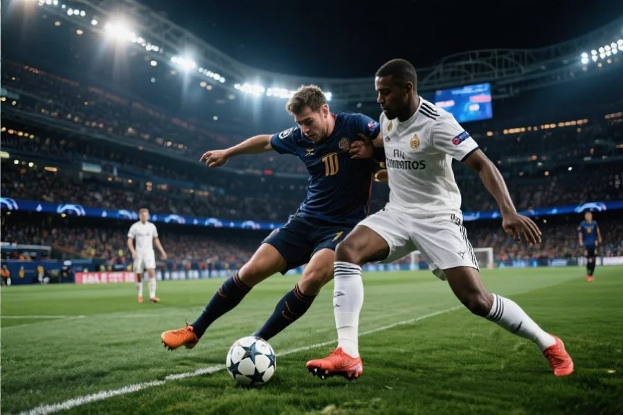 足球运动员在激烈争夺球权，背景是璀璨的欧冠赛场，情感张力十足